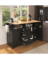 Casainc 55.7" Large Kitchen Island with 2 Drop Leafs, Rolling Cart, Power Outlet, Folding Dining Table, Spice Rack, No Stools