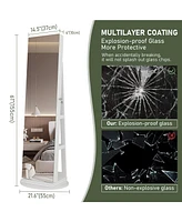 Vlsrka A 360° swivel standing jewelry mirror cabinet with storage shelves, full-length mirror, and Led lights.