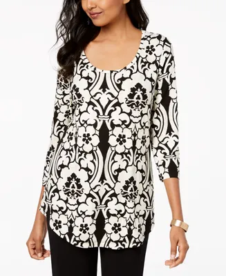 Jm Collection Women's Printed Scoop-Neck 3/4-Sleeve Top, Exclusively at Macy's