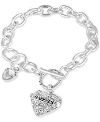 Guess Silver-Tone Crystal Logo Heart Charm Link Bracelet
