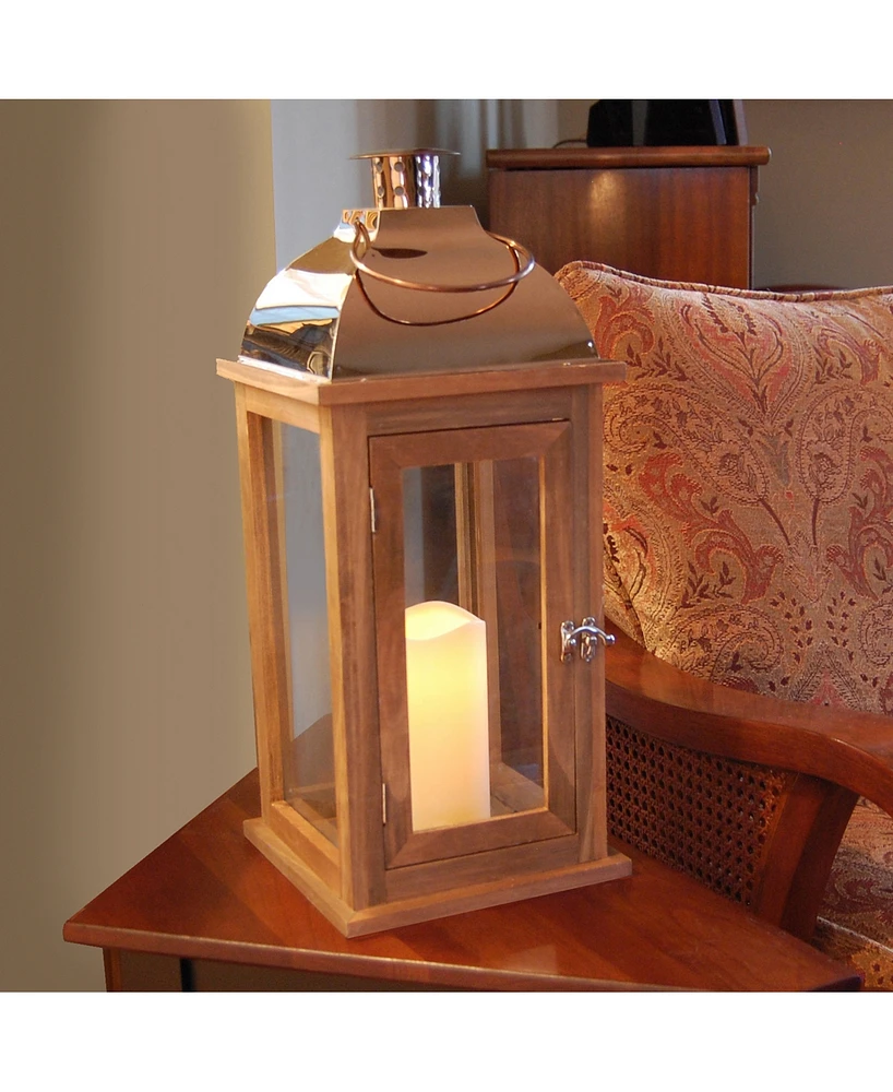 Lumabase Brown Wooden Lantern with Copper Roof and Led Candle
