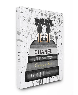 Stupell Industries Glam Fashion Book Stack Gray Bow Pump Heels Ink Canvas Wall Art, 16" x 20"