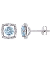 Blue Topaz (1 ct. t.w.) and Diamond Accent Halo Square Stud Earrings in 10k White Gold