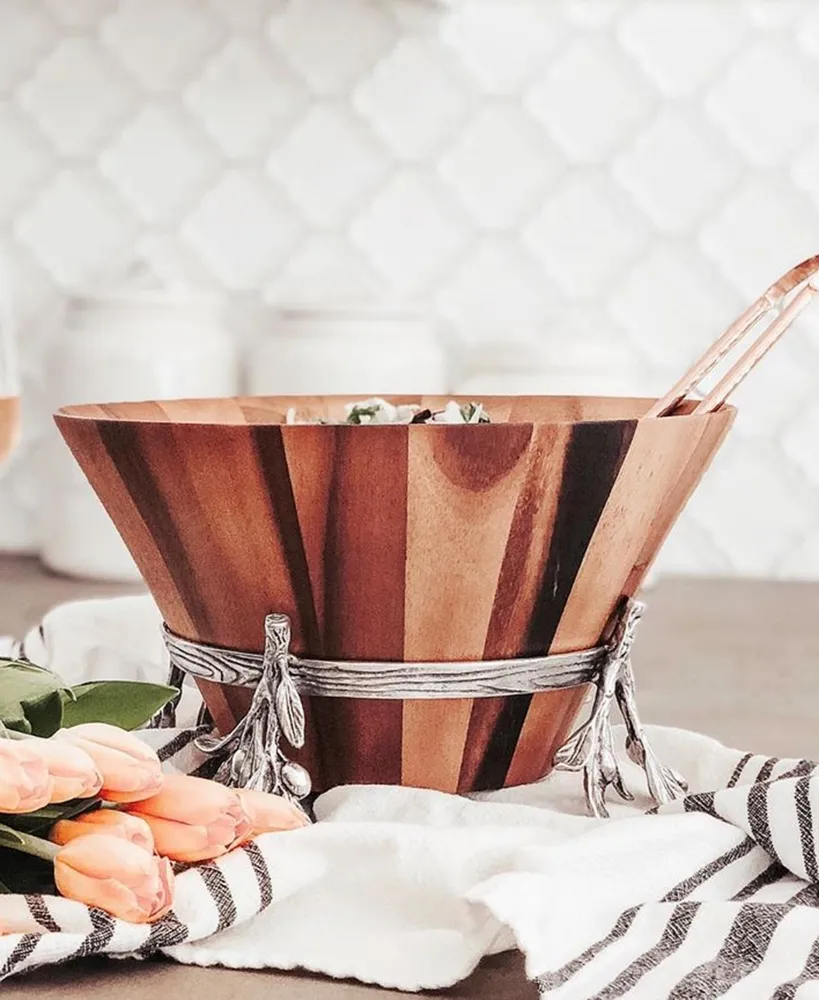 Arthur Court Acacia Wood Salad Bowl in Metal Stand, Sand-Cast Aluminum Stand in Olive Pattern
