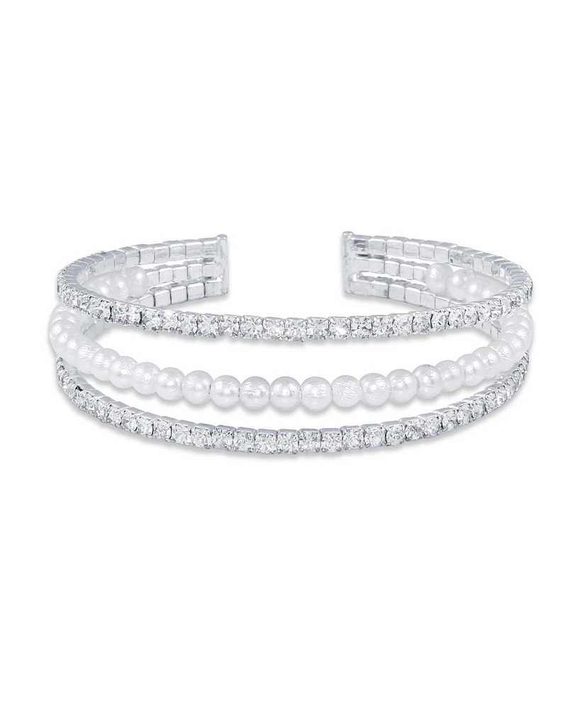 Macy's 3 Row Crystals with Imitation Pearl Coil Cuff Bracelet