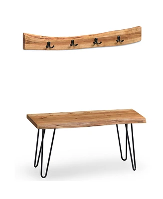 Alaterre Furniture Hairpin Natural Live Edge Bench with Coat Hook Set