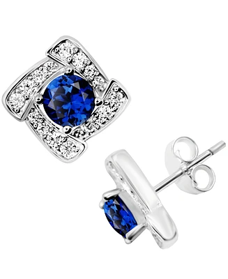 Blue Glass & Cubic Zirconia Square Halo Stud Earrings in Silver-Plate