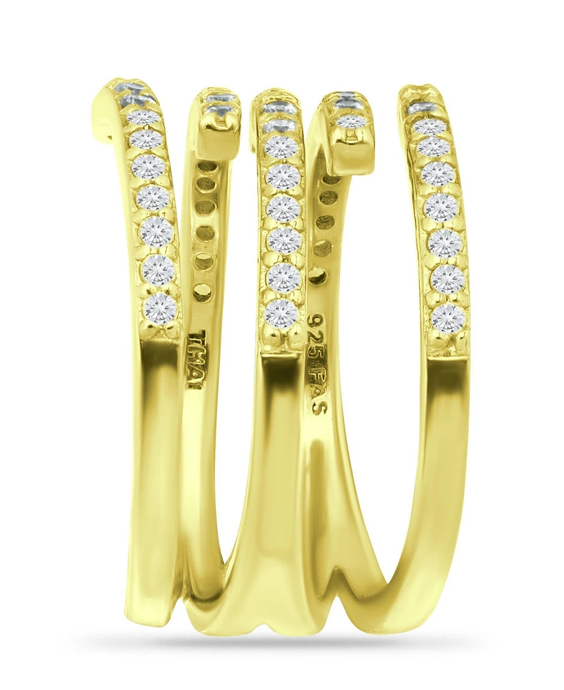 Cubic Zirconia 5 Row Bypass Ring Silver Plate & 18k Gold