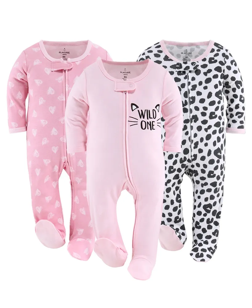 The Peanutshell Baby Girls Sleep n Play Footed Pajamas for Girls, Pink Hearts and Animal Print, 3 Pack, Newborn to 9 Months