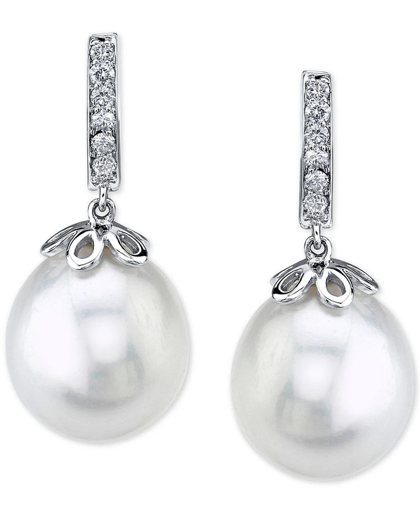 Cultured Freshwater Pearl (10mm) & Diamond (1/10 ct. t.w.) Drop Earrings in 14k White Gold