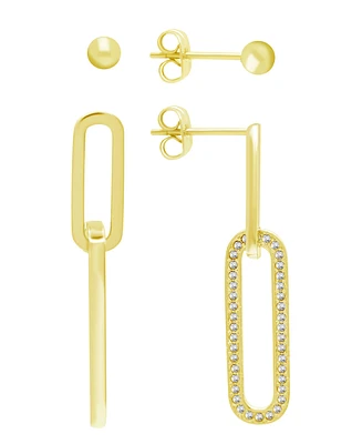 And Now This High Polished Ball Stud and Post Paper Clip Clear Crystal Drop Earring Set, Gold Plate