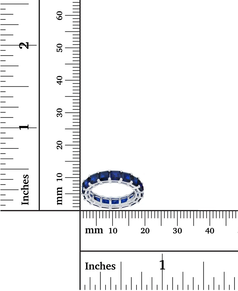 Created Blue Spinel Princess Cut Eternity Band Rhodium Plated Sterling Silver