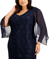 Connected Plus Size Sheer-Sleeve Lace Gown