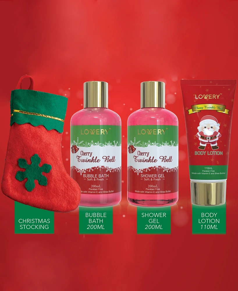 Lovery Cherry Twinkle Bell Christmas Gift Set, Bath and Body Care Package, 8 Piece