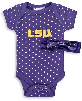 Infant Boys and Girls Purple Lsu Tigers Hearts Bodysuit and Headband Set, 2 Pack