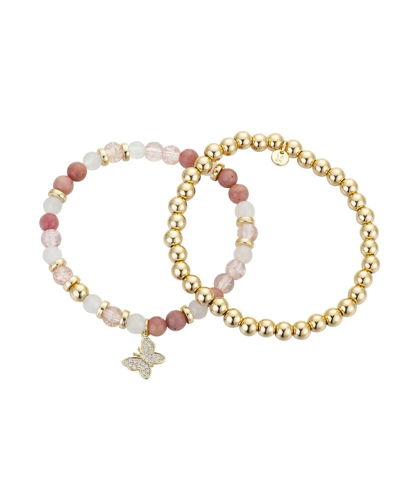 14K Gold Flash-Plated Pink Stone And Gold Bead Butterfly Bracelet Duo