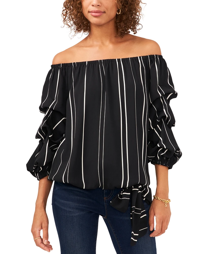 Vince Camuto Women's Striped Off-The-Shoulder Bubble 3/4-Sleeve Tie-Front Blouse