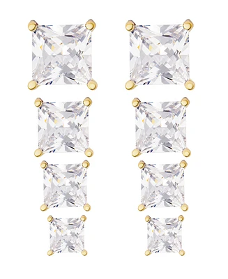 Women's 14k Gold Plated Square Cubic Zirconia Stud Earrings Set, 8 Pieces