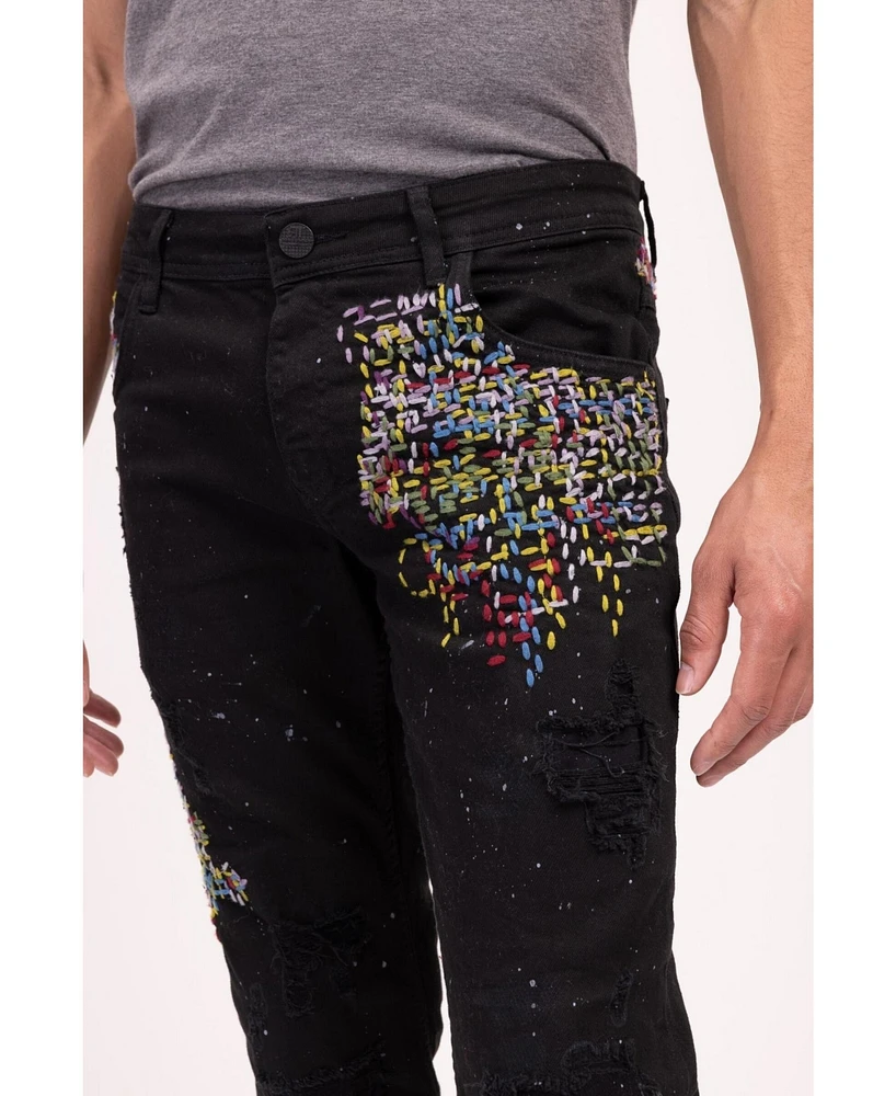 Ron Tomson Men's Modern Embroidered Denim Jeans