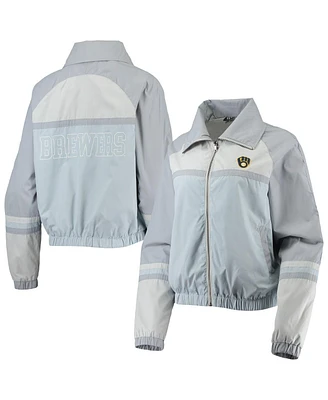 Women's The Wild Collective Navy Milwaukee Brewers Colorblock Track Raglan Full-Zip Jacket