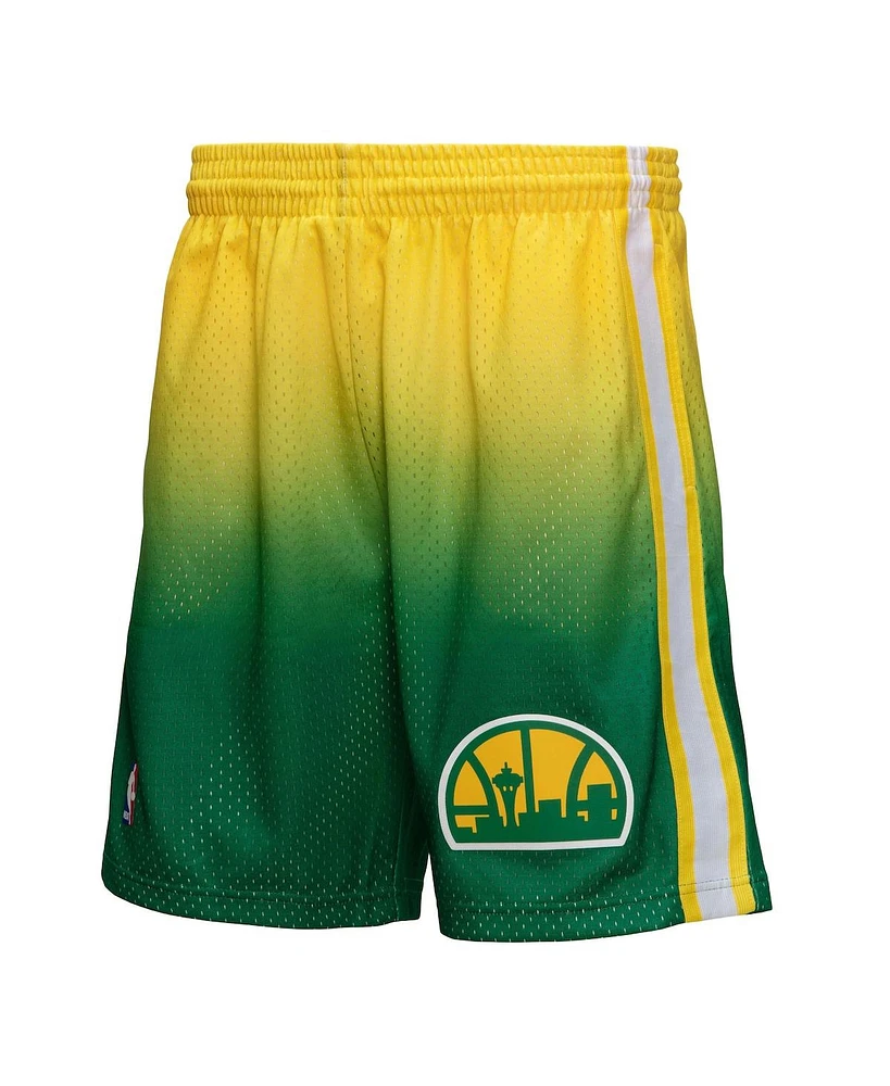 Men's Mitchell & Ness Yellow and Green Seattle SuperSonics 1994/95 Hardwood Classics Fadeaway Reload 3.0 Swingman Shorts