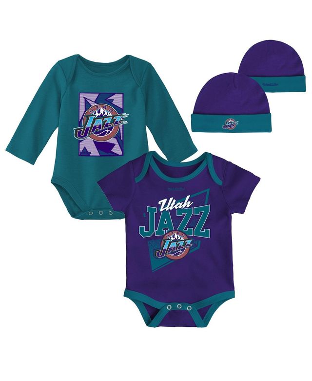 Infant Boys and Girls Mitchell & Ness Purple, Teal Utah Jazz Hardwood Classics Bodysuits and Cuffed Knit Hat Set