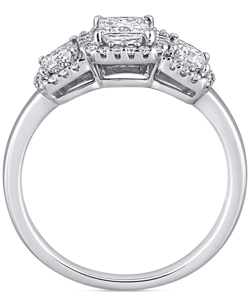 Diamond Princess Halo Three Stone Engagement Ring (1 ct. t.w.) 14k White Gold