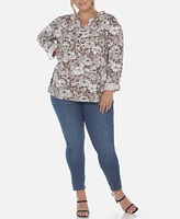White Mark Plus Pleated Long Sleeve Floral Print Blouse