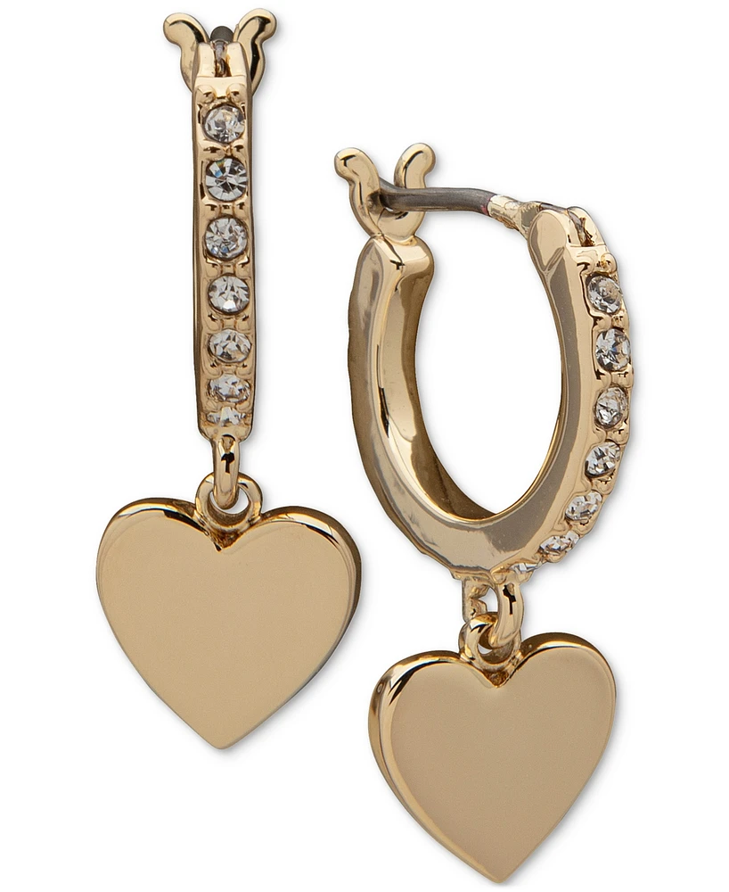 Dkny Gold-Tone Heart Charm Pave Hoop Earrings