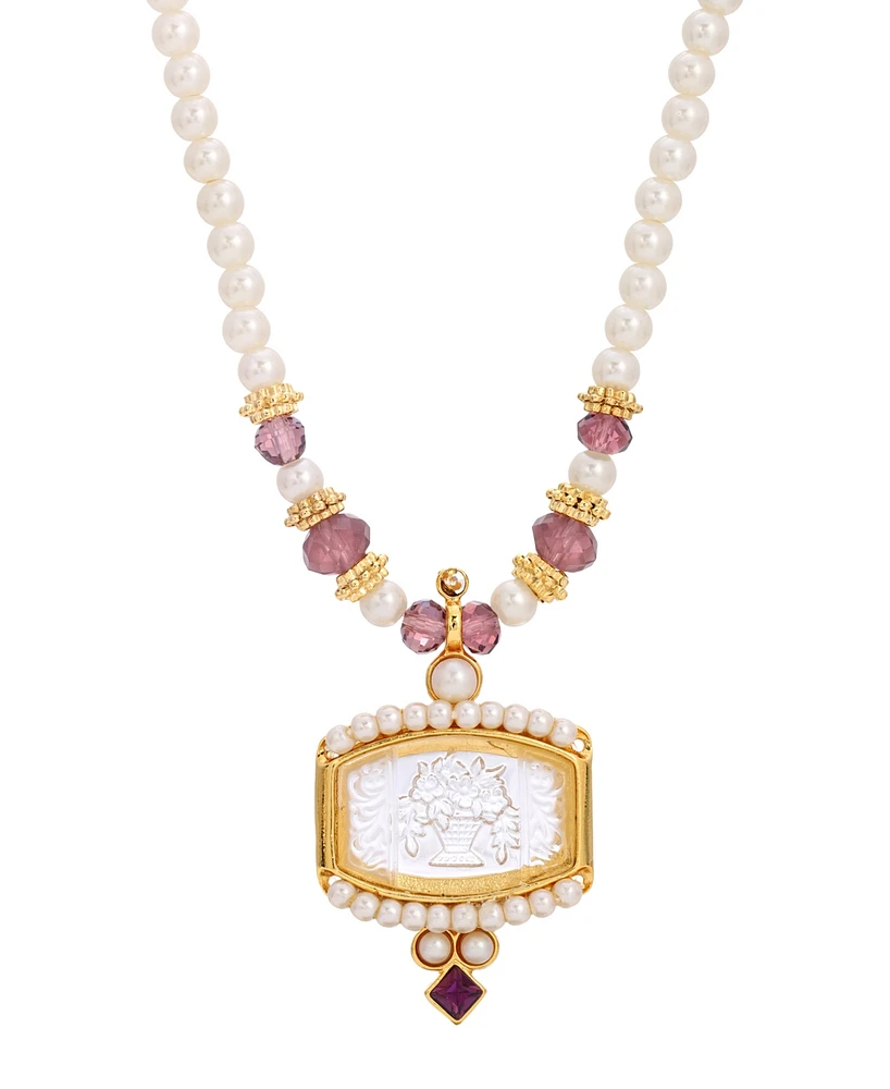 2028 Gold-Tone Imitation Pearl Etched Glass Intaglio Stone Necklace