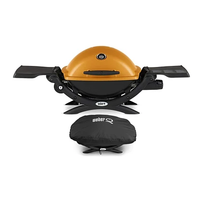 Weber Q1200 Liquid Propane Grill (Orange) With Grill Cover