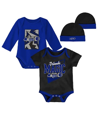 Infant Boys and Girls Mitchell & Ness Black, Blue Orlando Magic Hardwood Classics Bodysuits Cuffed Knit Hat Set