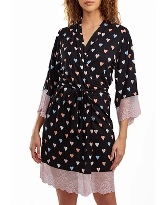 iCollection women's Tobey Modal Hearts Robe Trimmed Contrast Lace with Self Tie Sash
