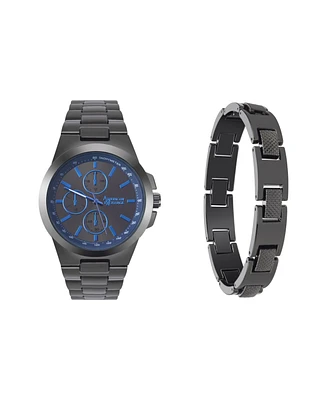 American Exchange Men's Quartz Movement Shiny Gunmetal Bracelet Analog Watch, 43mm with Pendant Necklace and Bracelet Set