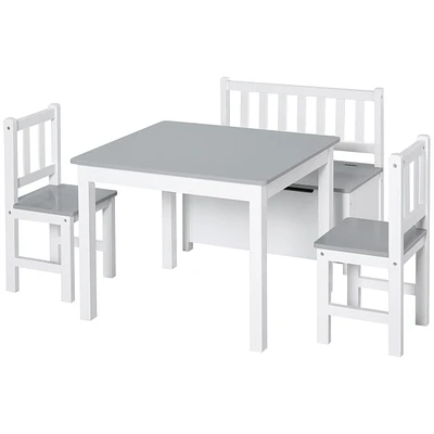 Qaba 4-Piece Kids Table Set with 2 Wooden Chairs, 1 Storage Bench,