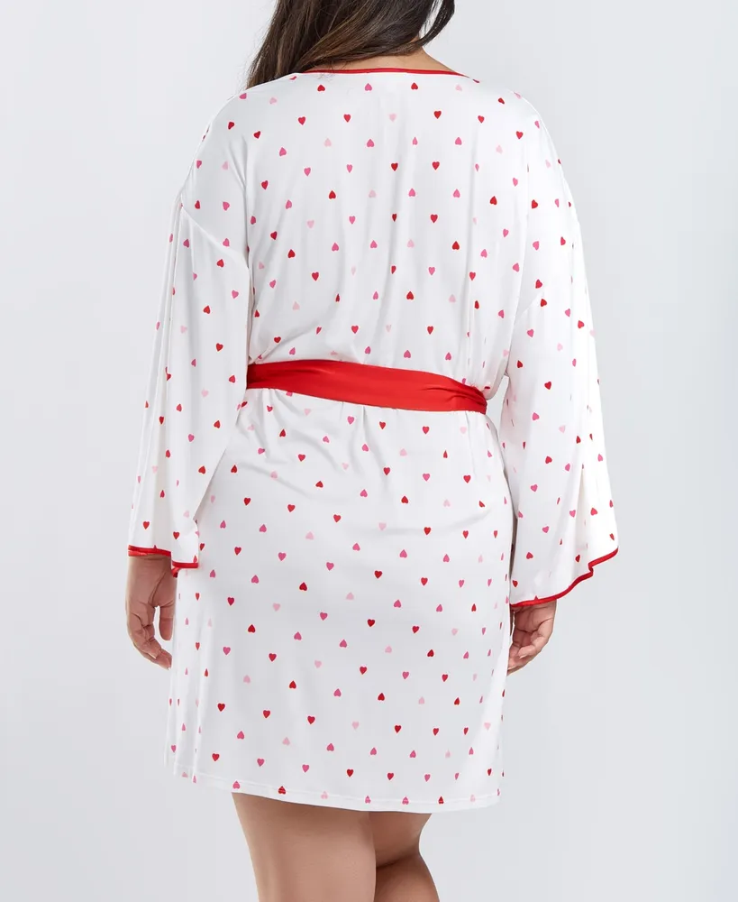 iCollection Kyley Plus Size Heart Print Robe with Contrast Self Tie Sash and Red Trim