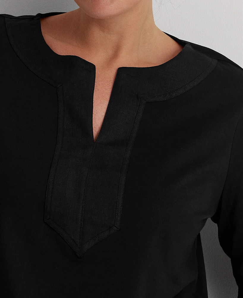 Lauren Ralph Women's Plus Split-Neck Three-Quarter Sleeve Cotton Tunic