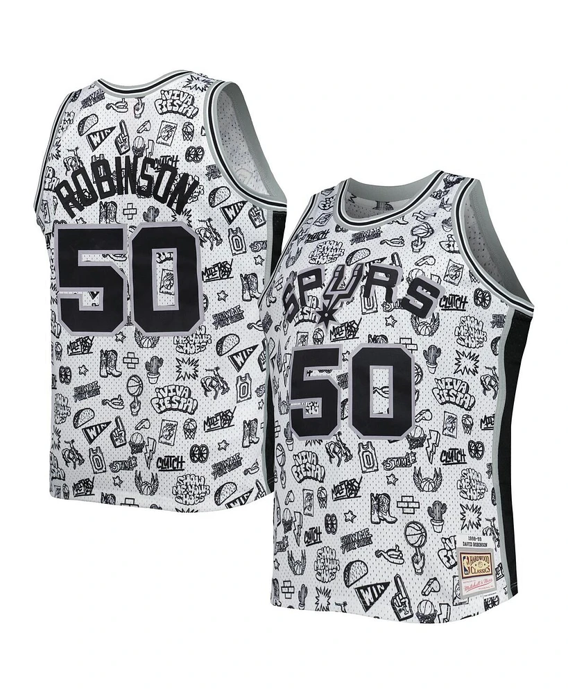 Men's Mitchell & Ness David Robinson White San Antonio Spurs 1998-99 Hardwood Classics Doodle Swingman Player Jersey