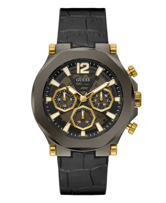 Guess Men's Multi-Function Black and Gunmetal Genuine Leather and Silicone Watch 46mm