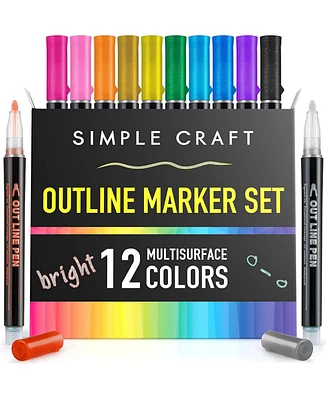Double Line Outline Markers - 12 Dual Colored Outline Pens Self-Outline Metallic Markers