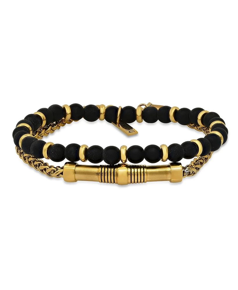 Hmy Jewelry 18K Gold Plated Stainless Steel Rounded Box Chain and Tube Bead Id Bracelet, 2 Piece Set