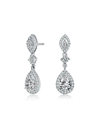 Sterling Silver with Rhodium Plated Clear Pear with Round and Marquise Cubic Zirconia Accent Dangle Earrings
