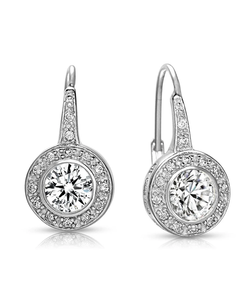 Round Cubic Zirconia Bezel Halo Dangle Earrings