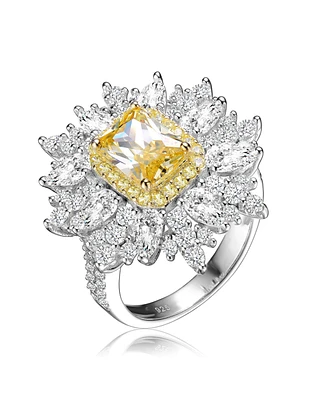 Sterling Silver White Gold Plated Yellow Radiant with Clear Cubic Zirconia Halo Ring