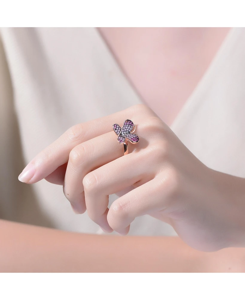 Sterling Silver 18K Rose Plated Cubic Zirconia Butterfly Floral Ring