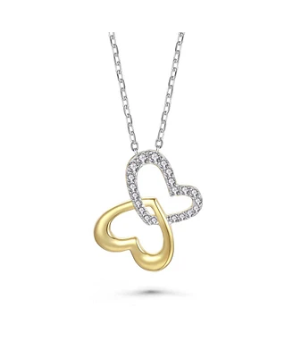 14k Yellow Gold Plated with Cubic Zirconia Double Heart Butterfly Pendant Necklace Sterling Silver