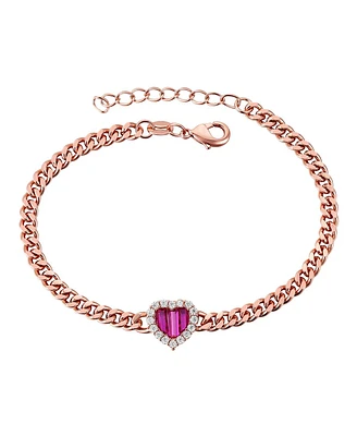 Sterling Silver 18K Rose Gold Plated with Red Heart & Cubic Zirconia Bracelet