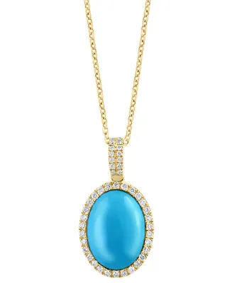 Effy Turquoise & Diamond (1/4 ct. t.w.) Oval Halo 18" Pendant Necklace in 14k Gold