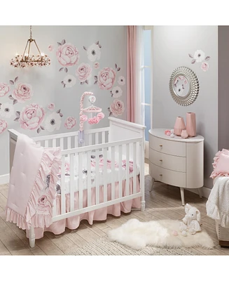 Lambs & Ivy Floral Garden Watercolor/Pink Linen 5-Piece Baby Crib Bedding Set