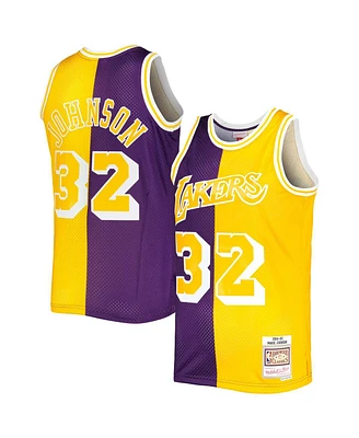 Men's Mitchell & Ness Magic Johnson Purple, Gold Los Angeles Lakers Hardwood Classics 1984-85 Split Swingman Jersey